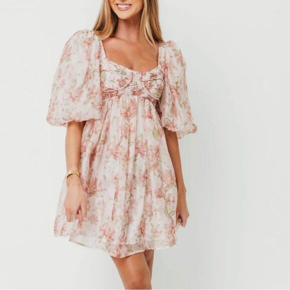 Sofie the Label Floral Smocked Mini Dress in Peach-jj6 - Picture 1 of 12